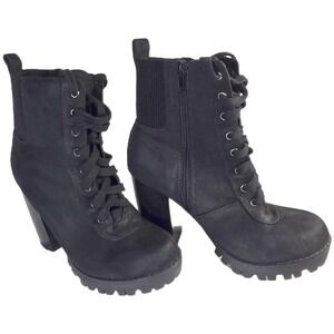 Black Suede Lace Up Chunky Heel Platform Combat Boots Size 6